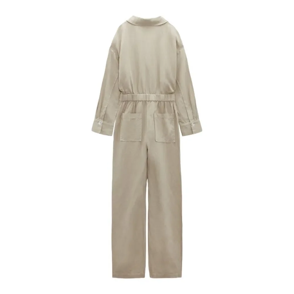 Zara Sand Linen Blend Long Jumpsuit Size M NWT Button Front Wide Leg Romper